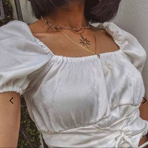 off shoulder puff sleeve satin corset top